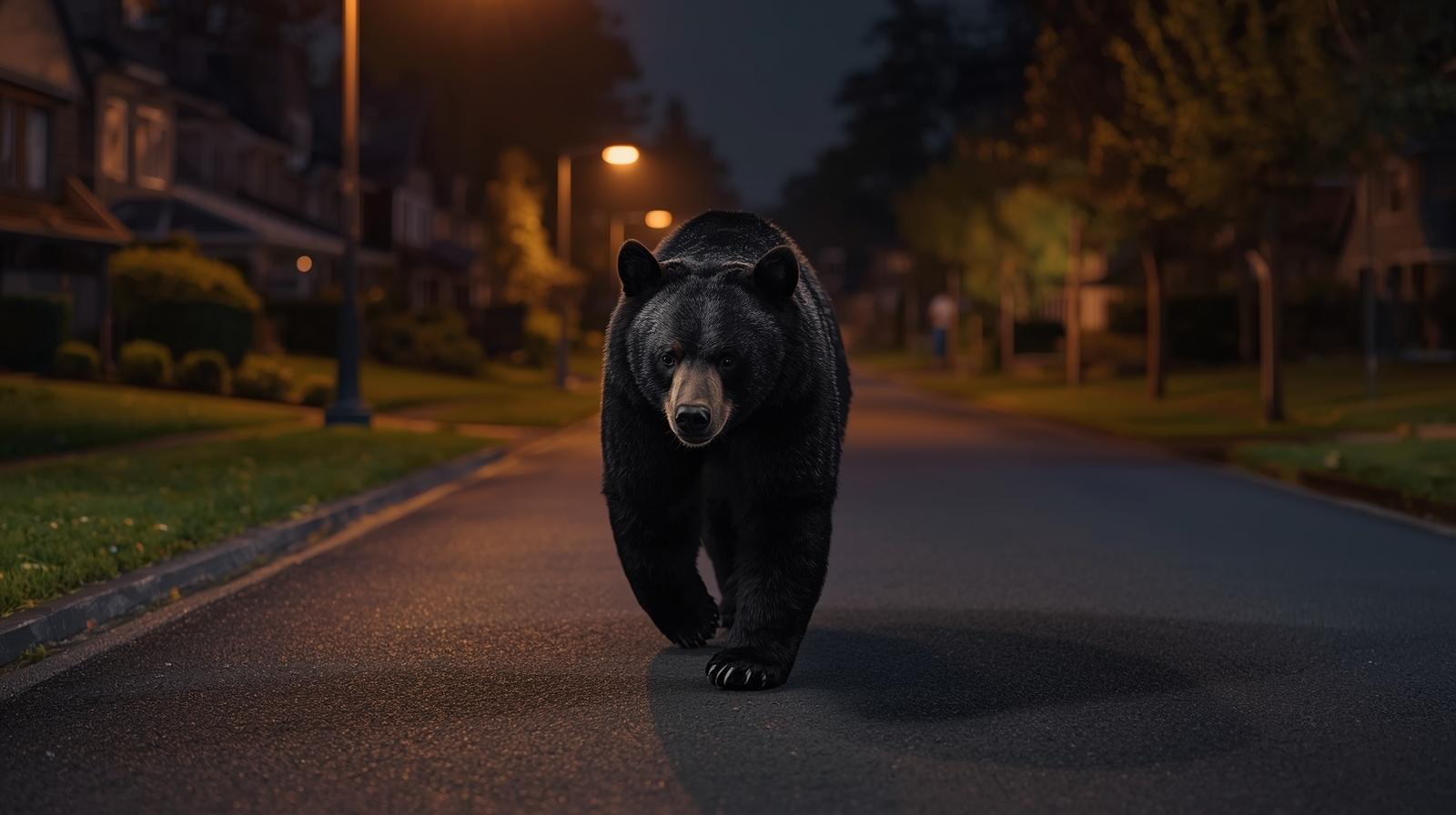 夜間の住宅街の路上を歩くツキノワグマのシルエット