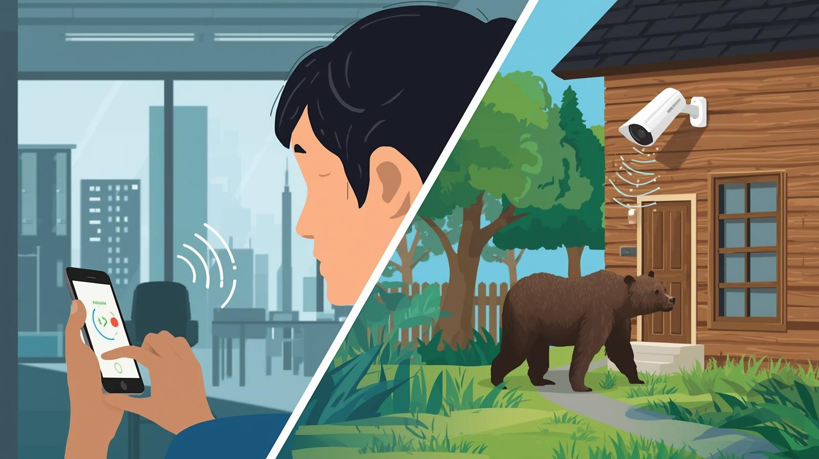 スマホを持った人が遠隔地から声をかけ、家のカメラから音が出てクマが驚いている図