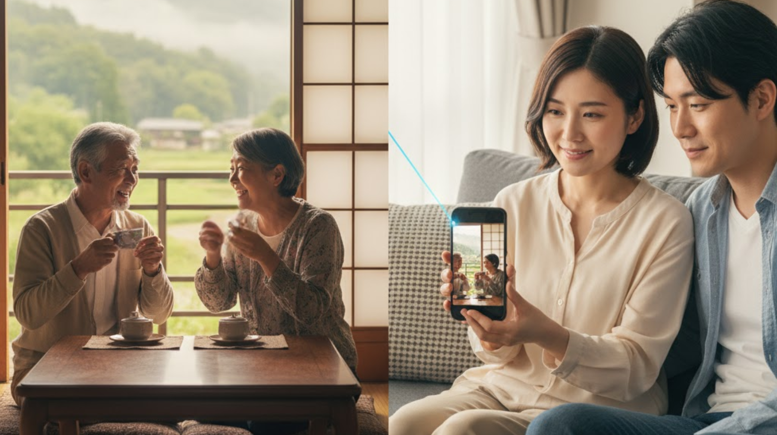 笑顔の高齢夫婦と、スマホでそれを見守る都会の家族のイメージ