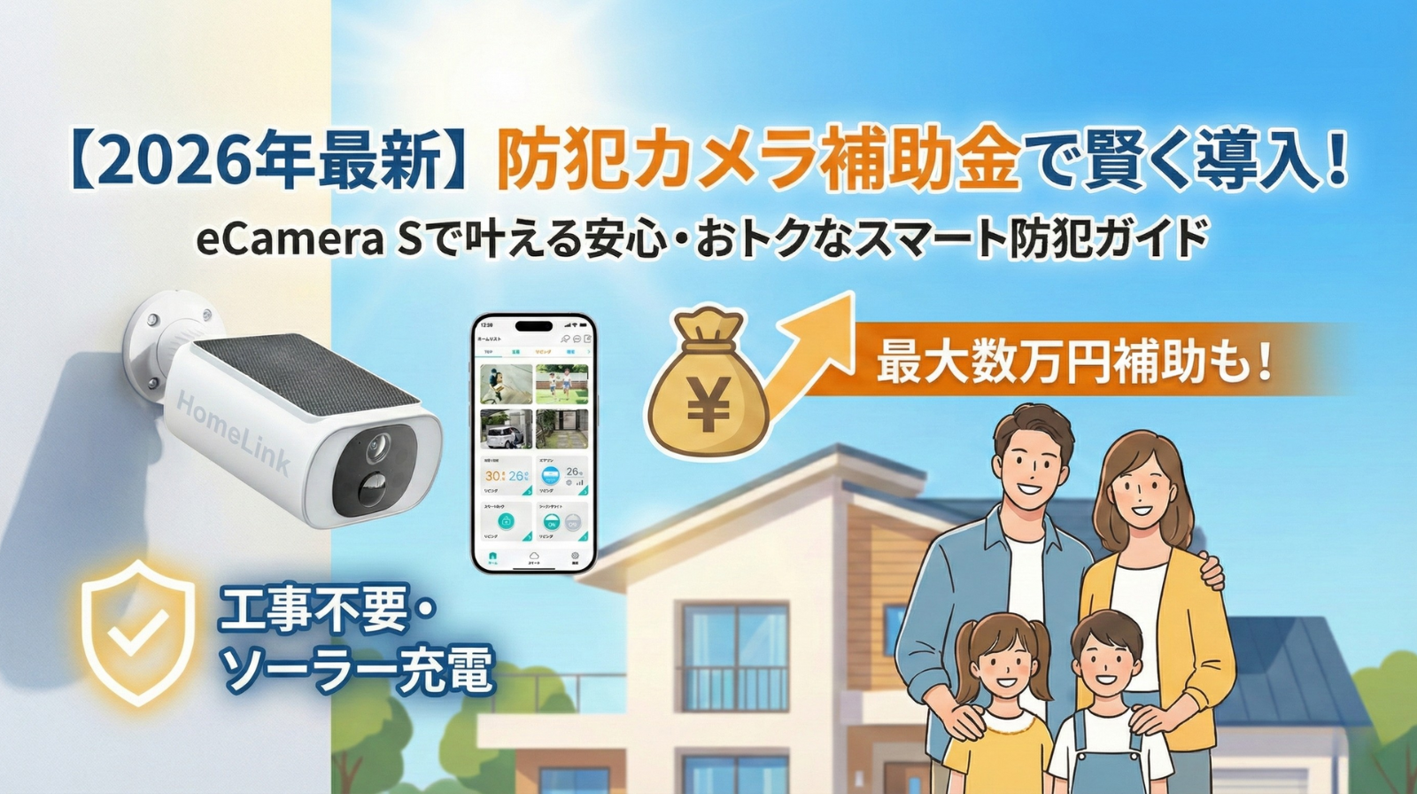 2026年の最新補助金制度と、工事不要・ソーラー充電対応の「eCamera S」を訴求する記事用アイキャッチ画像。左側にeCamera S本体とHomeLinkアプリ画面、中央に最大数万円の補助金を示すアイコン、背景に安心した様子の家族と住宅が描かれ、「おトク」と「安心」の両立を視覚的に表現しています。