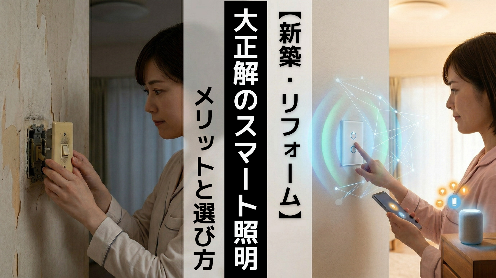 古い壁スイッチから最新のスマートスイッチへ交換し、スマホやスマートスピーカーで快適に照明を操作する女性のビフォーアフター画像